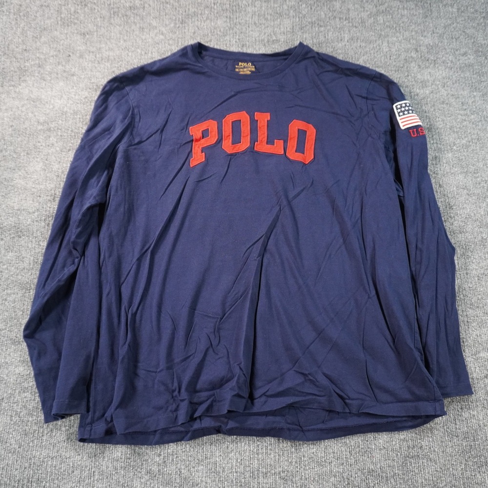 Polo Ralph Lauren T-Shirt Mens XXL Navy Blue Long Sleeve USA Flag Patch Logo
